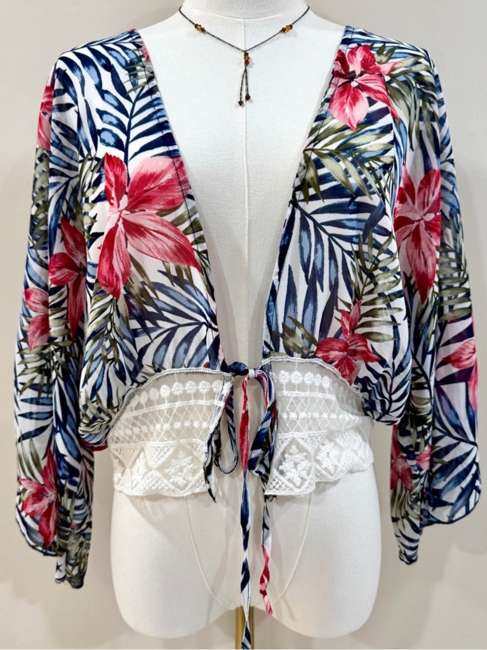 Tropical Hibiscus Kimono Lace Tie Front Top XL Y2K Boho Resort